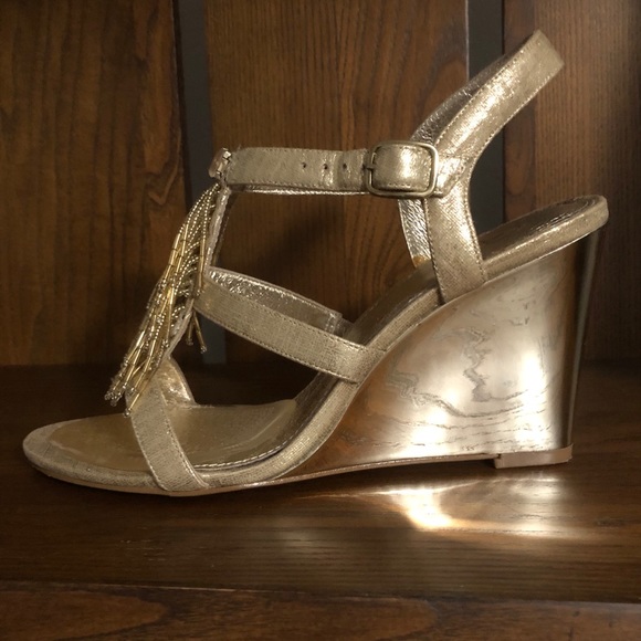 ADRIANNA PAPPEL Gold Beaded Sandal Wedge Heel Style and Comfort Women 6.5 - Picture 4 of 8